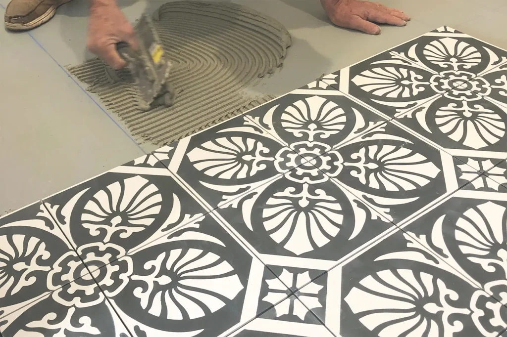 Cement encaustic bathroom tile sealing pattern