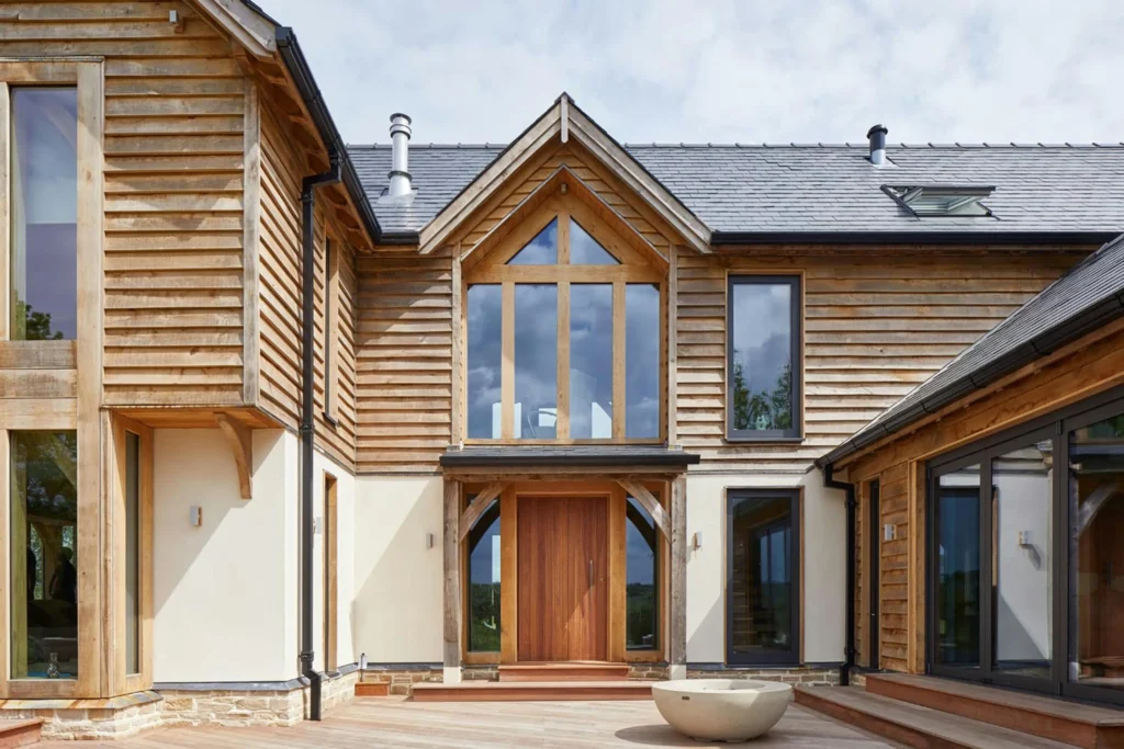 Coastal wooden front door overhang protection