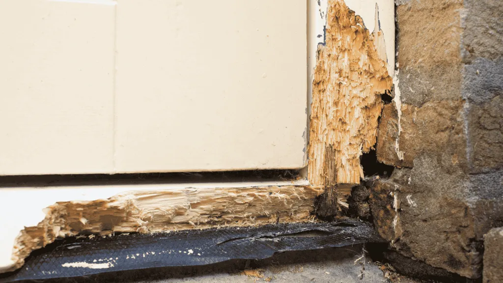 Peeling wooden door bottom rail moisture damage