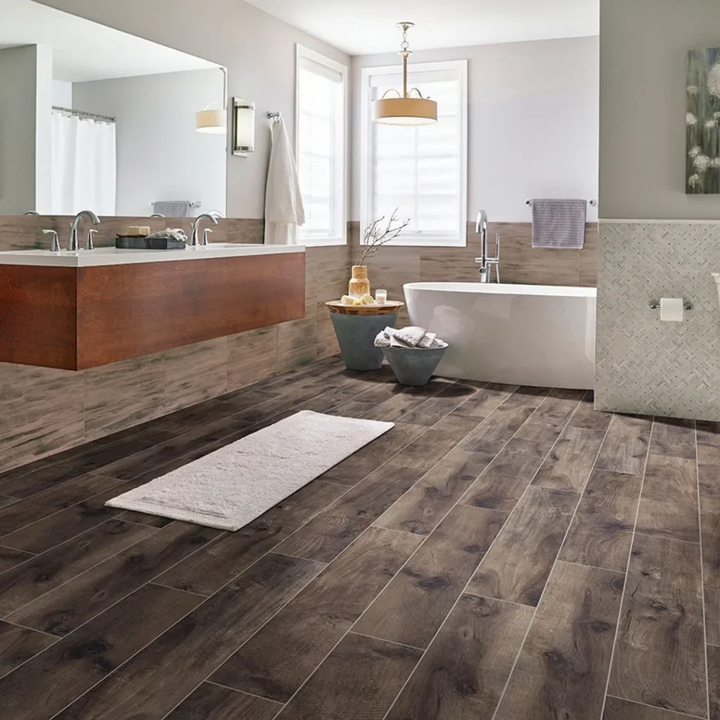 Wood look porcelain bathroom floor matte plank tile