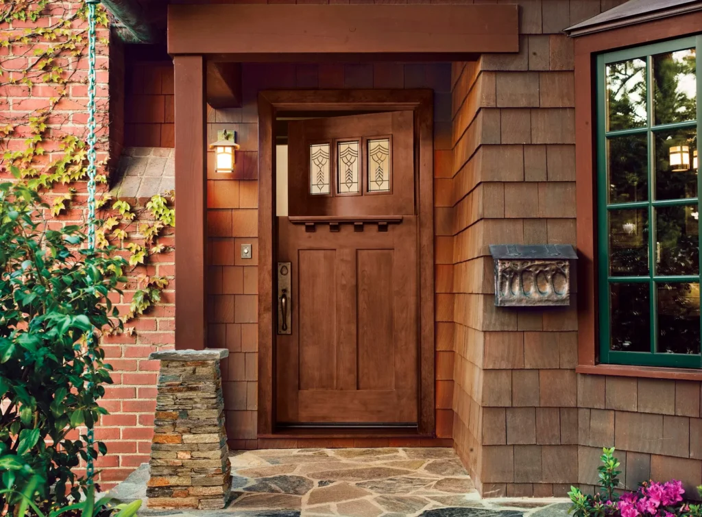 Wooden front door exterior modern sidelights wood grain