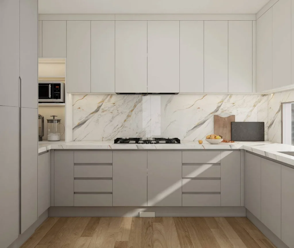 Backsplash for greige kitchen cabinets tone on tone
