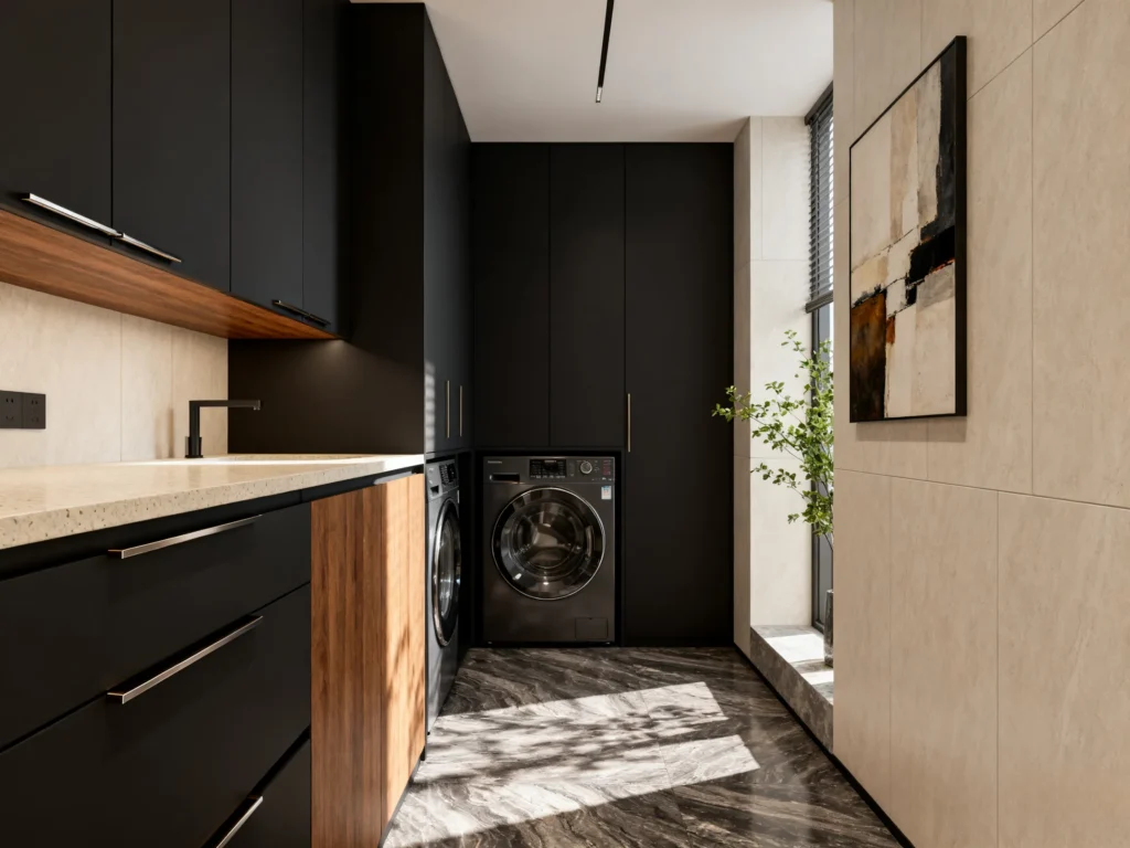 Black cabinets laundry room 1