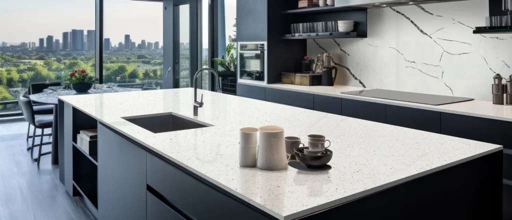 Black cabinets light veined quartz countertop kitchen