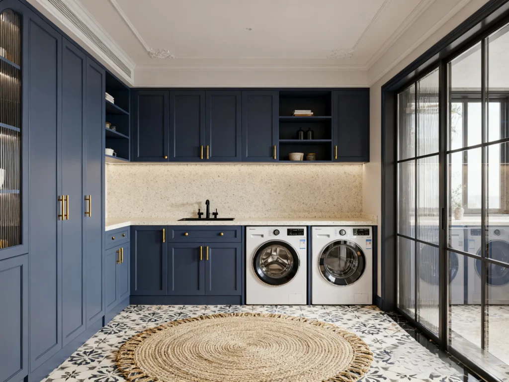 Blue laundry room cabinets