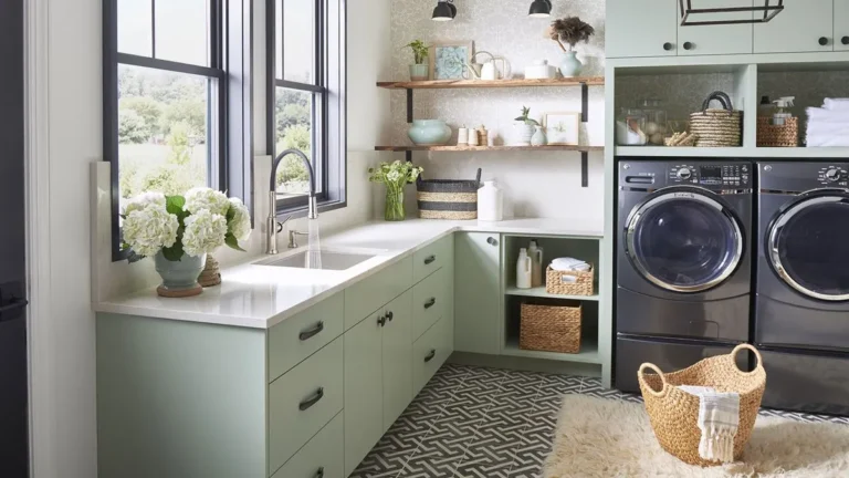 Ceiling height laundry cabinets crown step stool