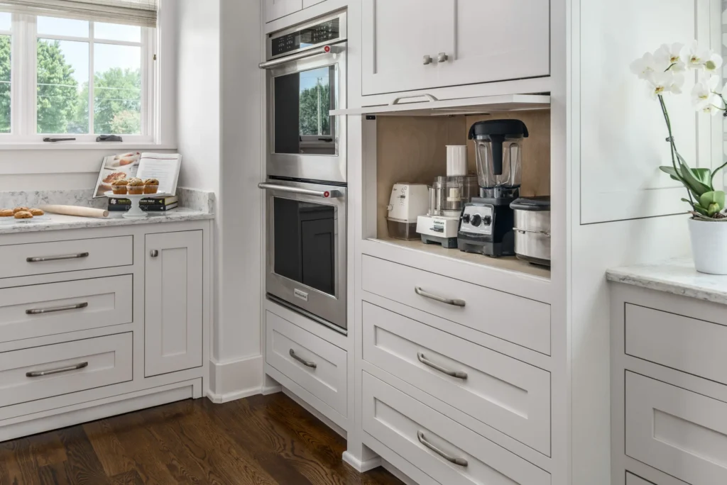 Corner appliance garage tambour coffee station