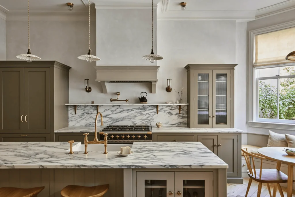Greige cabinets with stone countertops