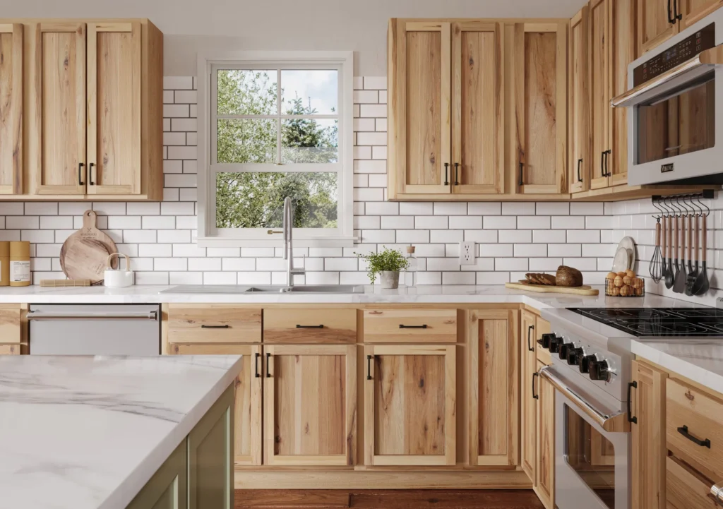 Hickory cabinets large format light backsplash minimal grout