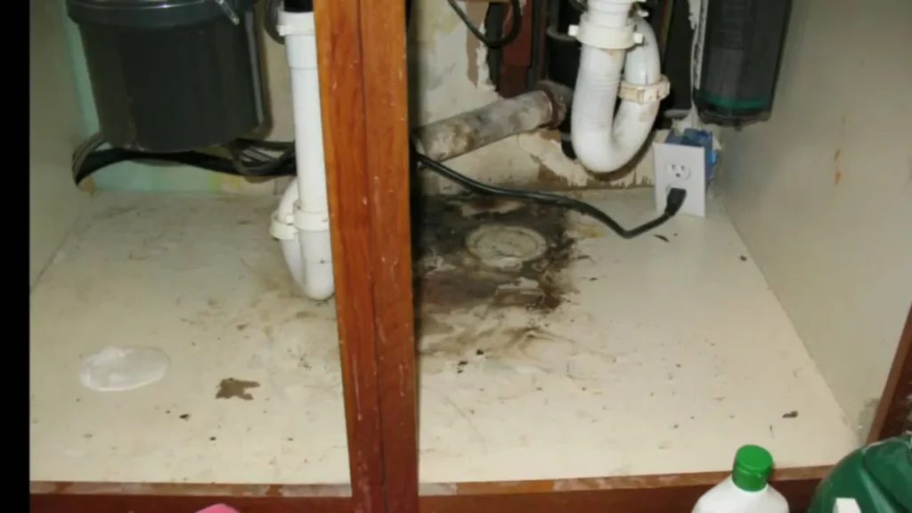 Kitchen cabinet in bathroom moisture damage
