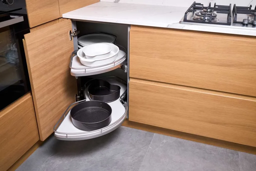 Kitchen corner cabinet solutions drawers lemans open shelves