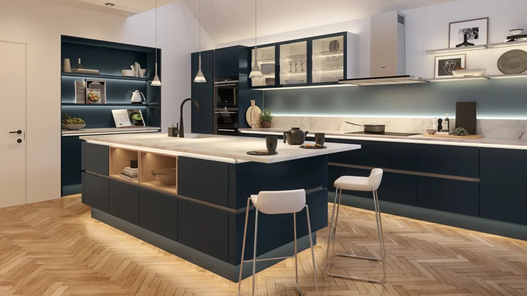 Kitchen mood board cabinet door quartz tile handle lighting strip