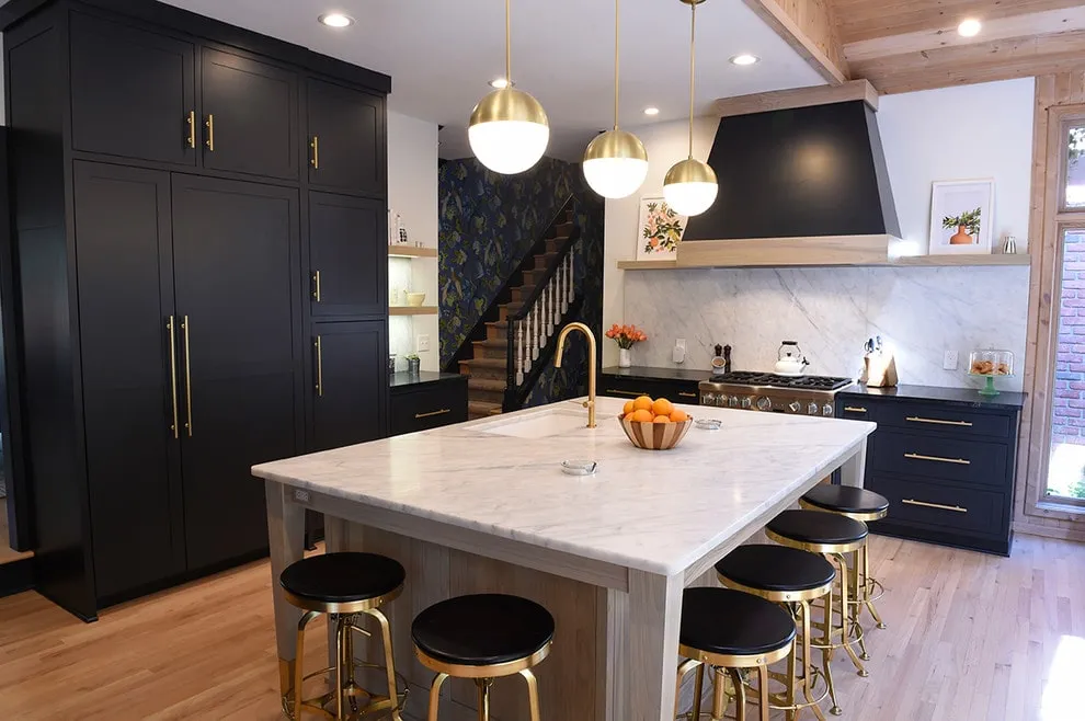 Light kitchen island black perimeter cabinets