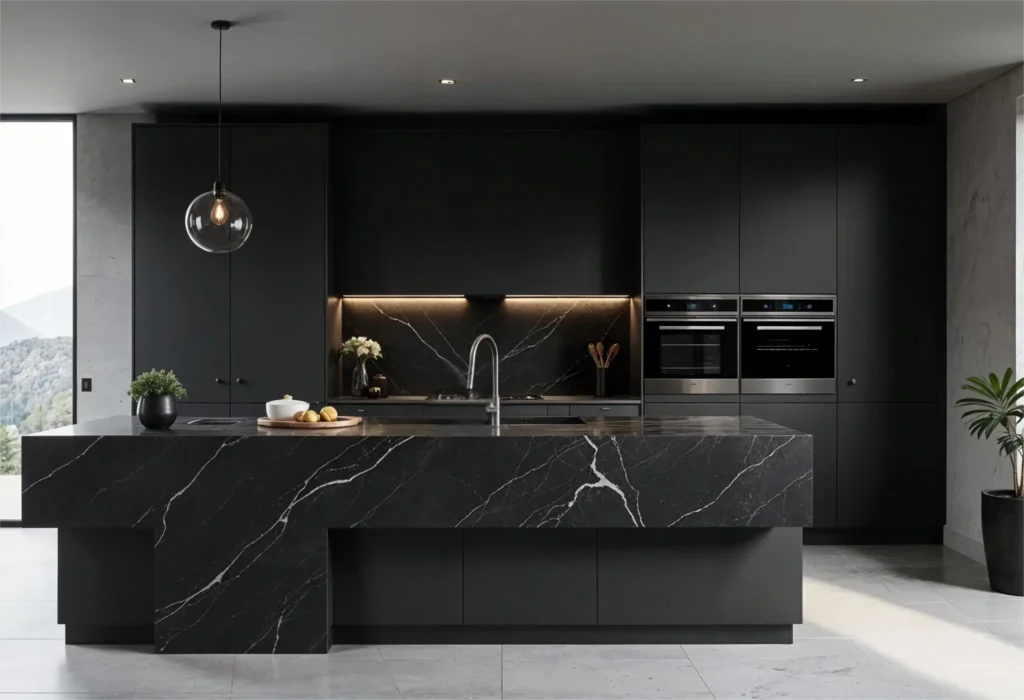 Matte black kitchen cabinet finish close up