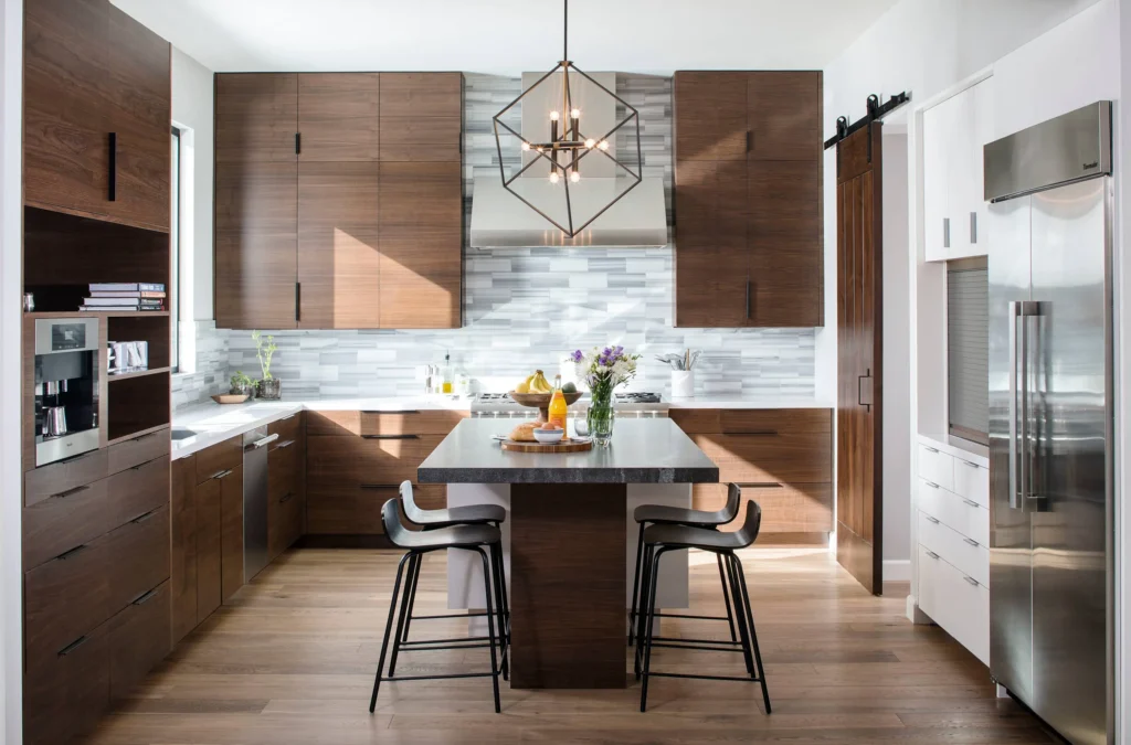 Modern slab hickory cabinets long black pulls minimal kitchen