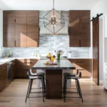 Modern slab hickory cabinets long black pulls minimal kitchen