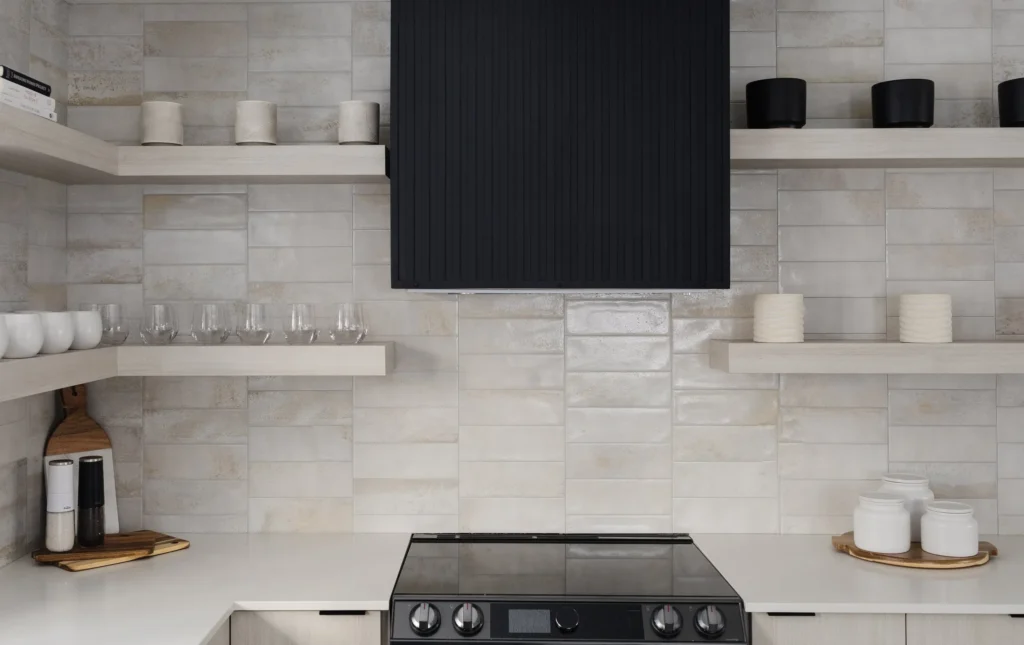 Shaker kitchen backsplash stacked tile slab subway