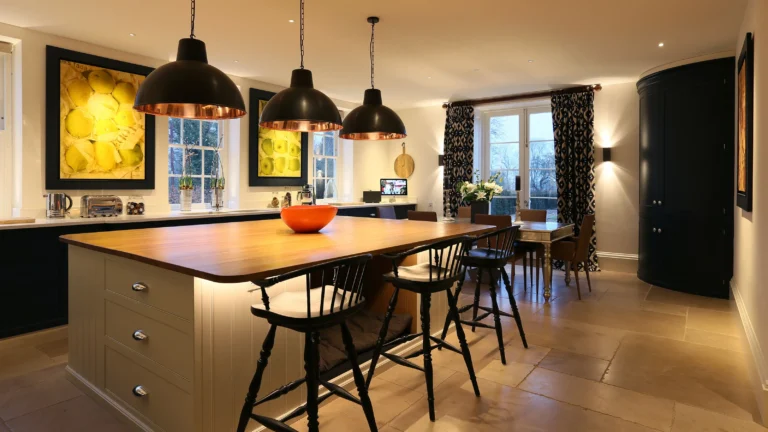 Shaker kitchen layered lighting under cabinet strips pendants