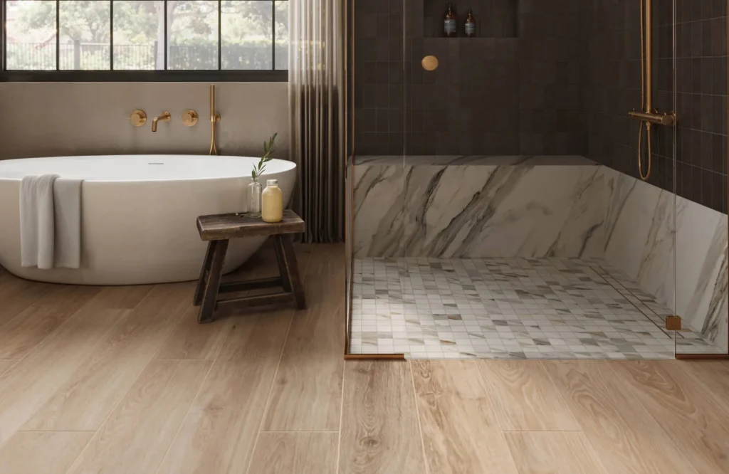 Stone look tile bathroom matte vs wood look