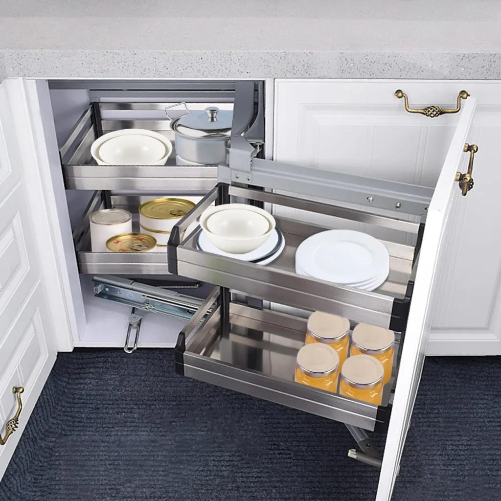 Tall corner pantry swing out shelves lighting