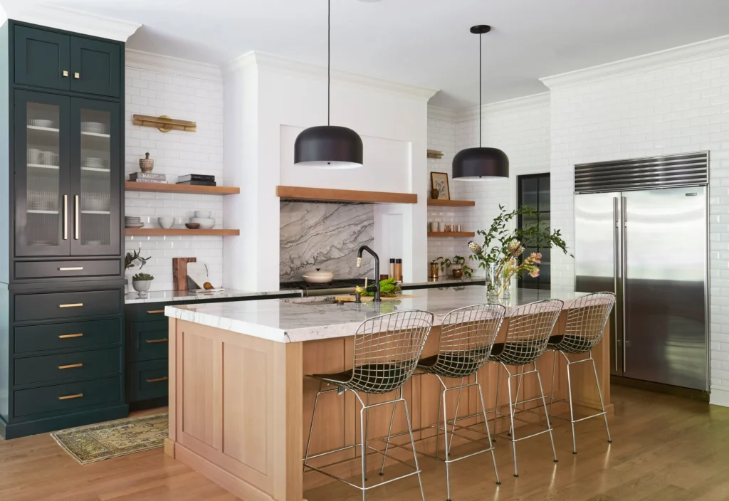 Two tone shaker cabinets island contrast