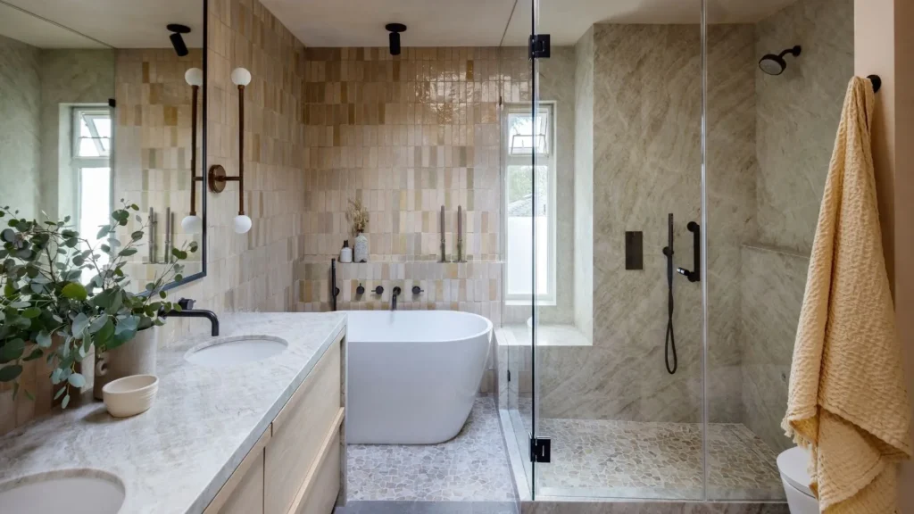 Warm neutral bathroom color palette 2025