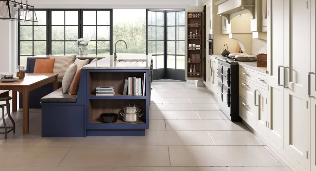 Install tile floor under kitchen cabinets