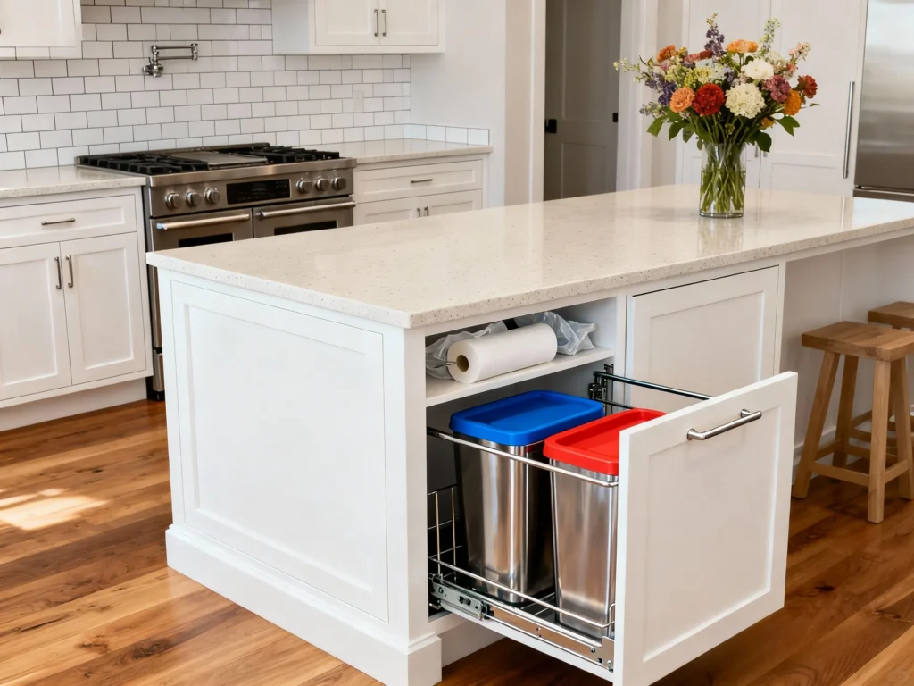 Kitchen island with trash bin