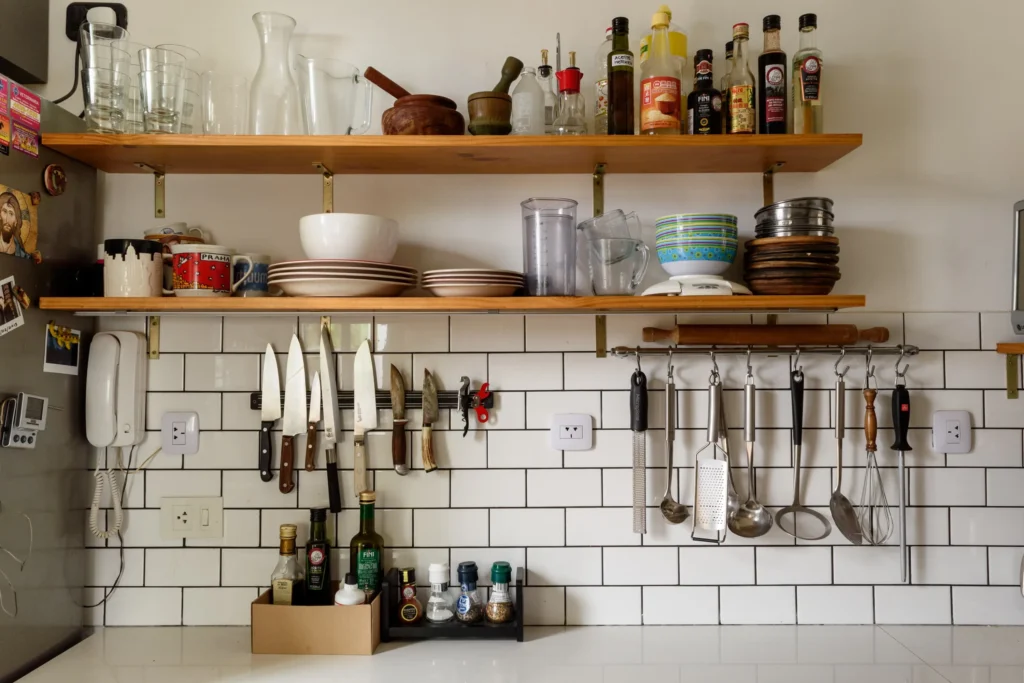 Organized open kitchen shelving
