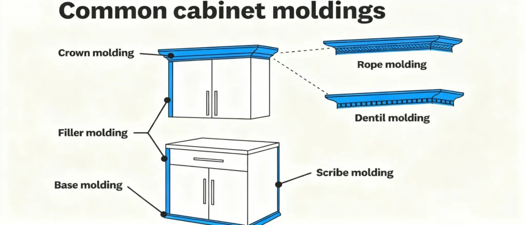 Scribe molding for kitchen cabinets close up
