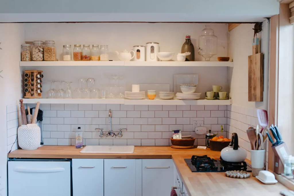 Small kitchen open shelving design