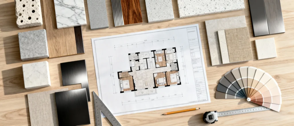 Villa design floor plan with material samples