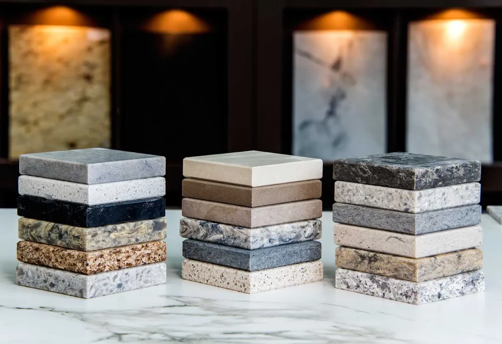 Natural and engineered stone countertop samples