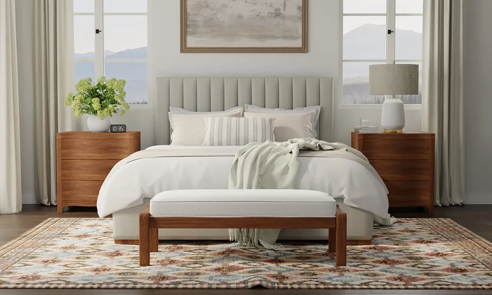 Bedroom floor plan queen bed rug 8x10 door swing