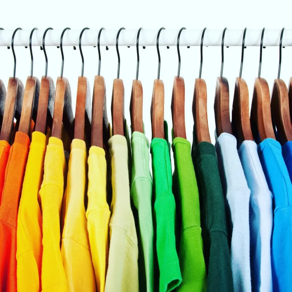 Color coded closet ROYGBIV organized hangers labels