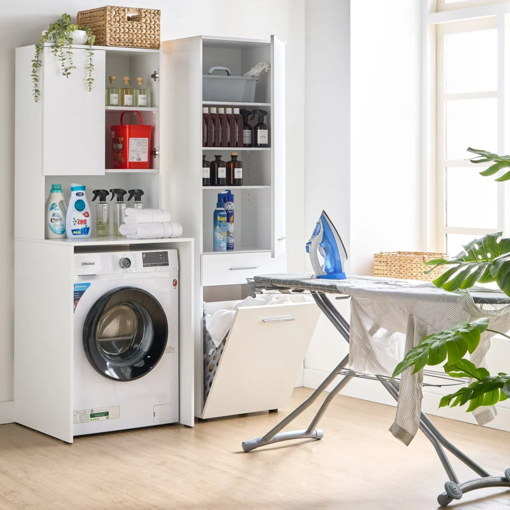 Laundry cabinet bins adjustable shelves pull out spray steamer