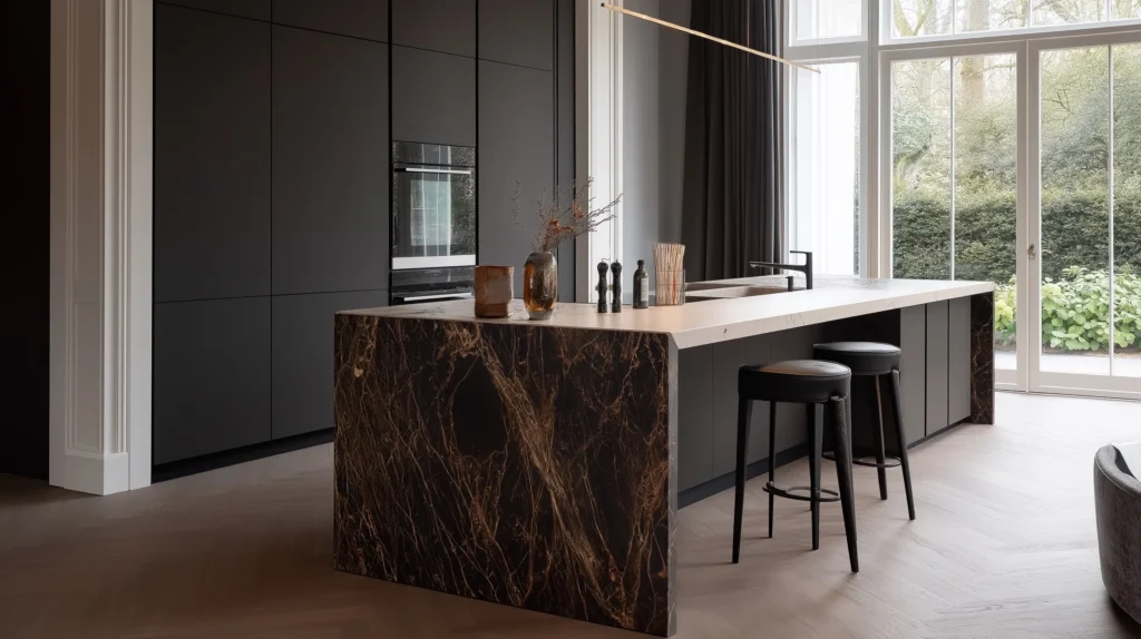 Luxury kitchen island with marble and metallic accents
