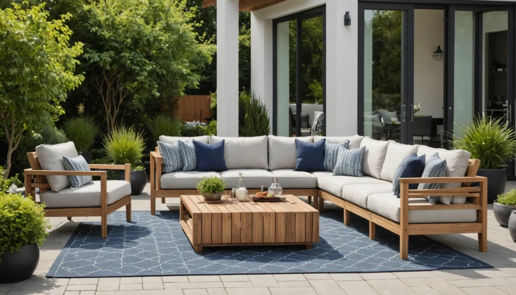 Patio styling teak sofa hdpe chair striped pillow outdoor rug