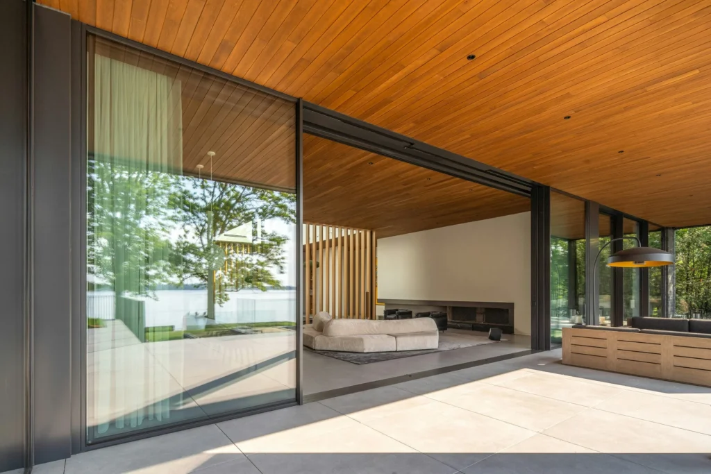 3D design view showing sliding doors in a villa living dining space