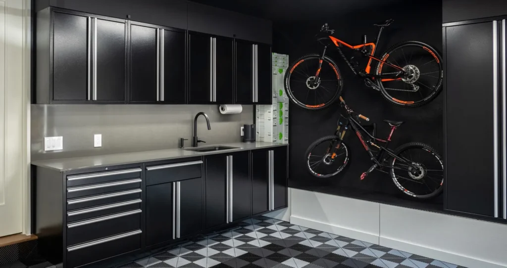 3D design views of custom garage cabinets and lighting for a villa