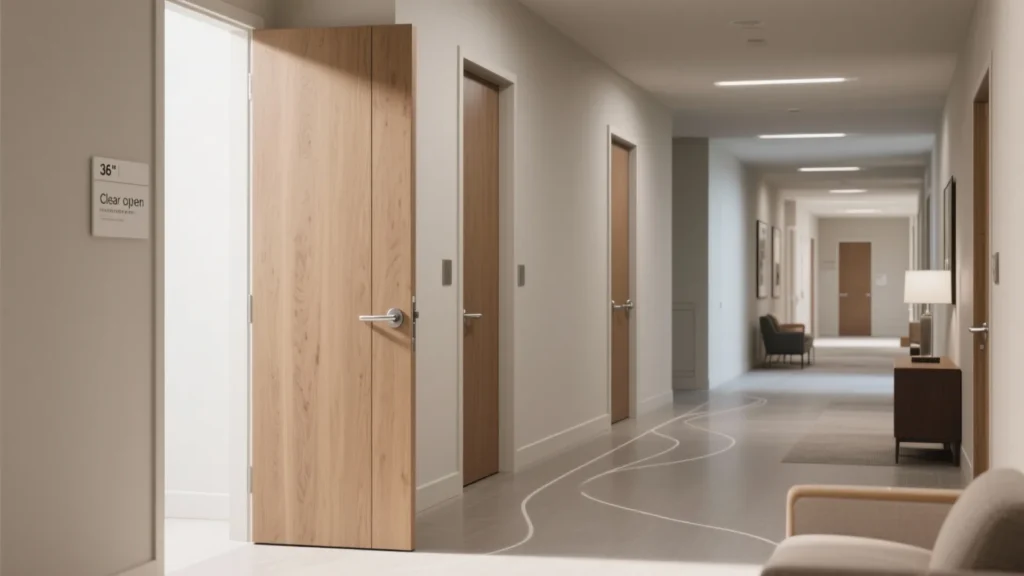 3D interior views comparing different solid wood door styles in the same corridor