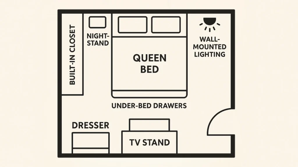 Bedroom floor plan with wardrobe and dresser zones marked