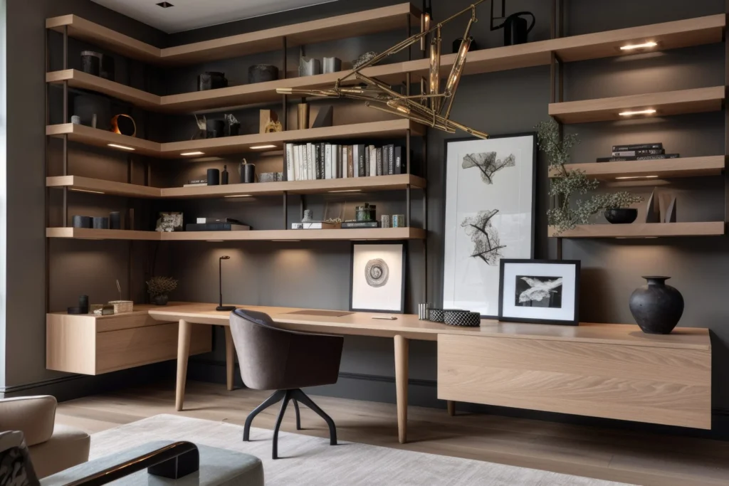 Custom home office cabinets with a mix of closed storage and open shelves