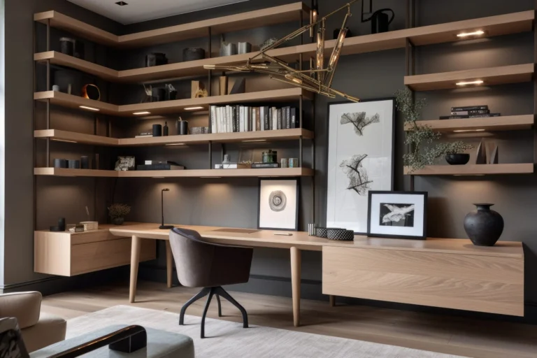 Custom home office cabinets with a mix of closed storage and open shelves