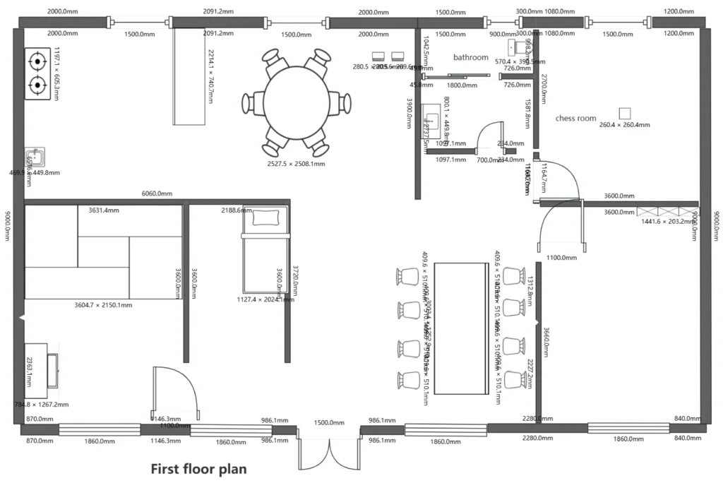 Dimensioned architectural floor plan with room names