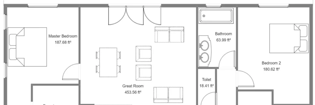 Floor plan marked with living bedroom and outdoor furniture zones