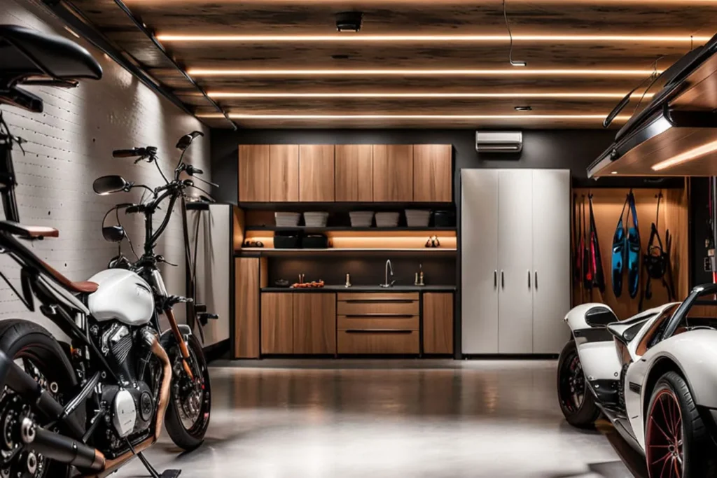 Garage with custom cabinets ceiling lights and under cabinet lighting