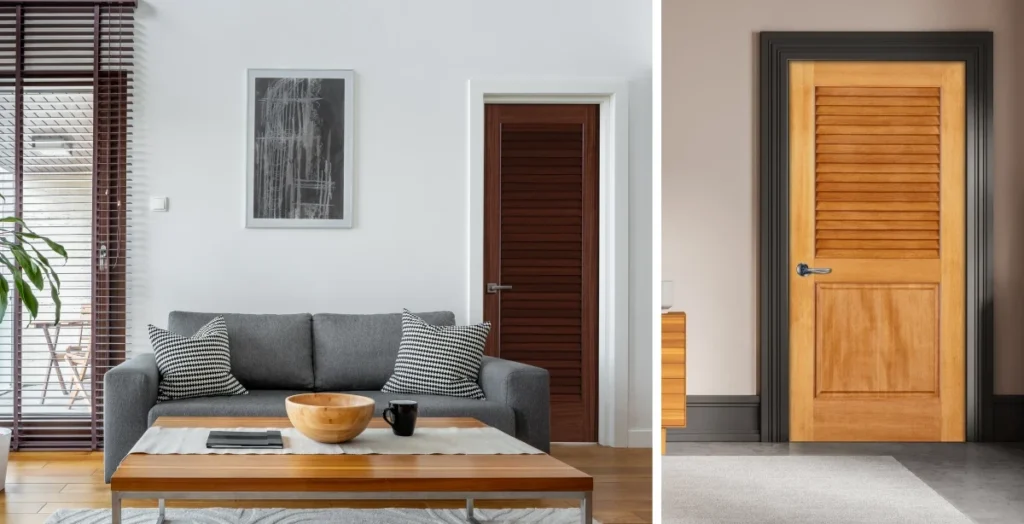 Interior view showing solid wood doors aligned with flooring and custom cabinets