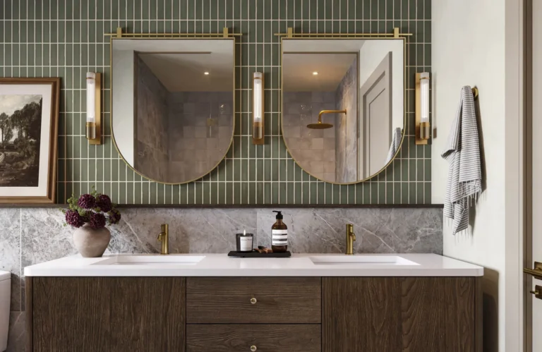 Large bathroom cabinet mirror above integrated vanity