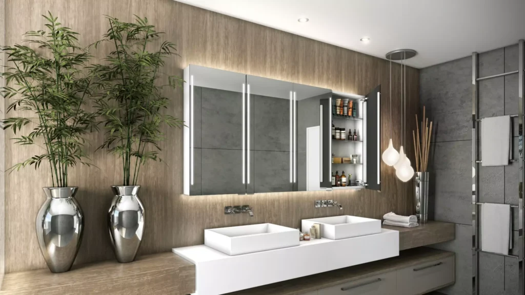 Modern bathroom with coordinated cabinet mirror and lighting